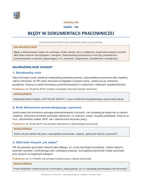 Pierwsza strona materiału: Błędy w dokumentacji pracowniczej