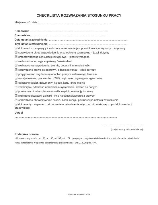 Pierwsza strona materiału: Checklista rozwiązania stosunku pracy