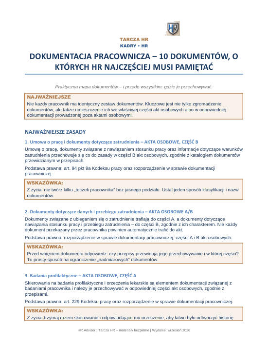 Pierwsza strona materiału: Dokumentacja pracownicza – 10 dokumentów