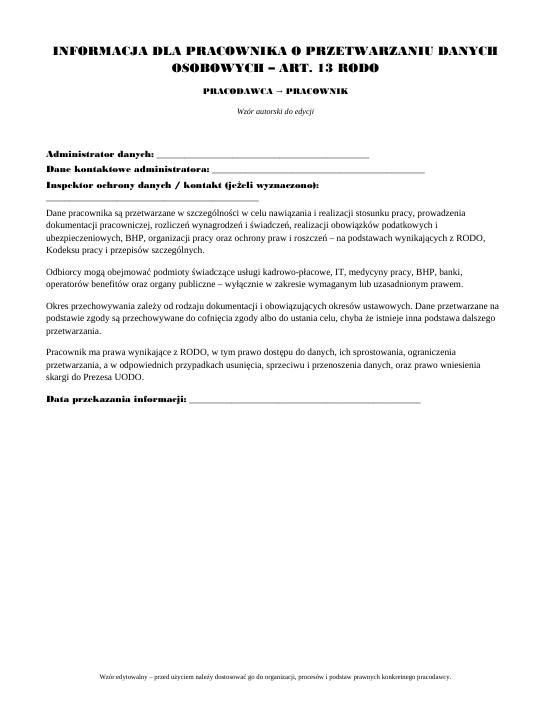 Pierwsza strona materiału: Informacja dla pracownika o przetwarzaniu danych osobowych – art. 13 RODO