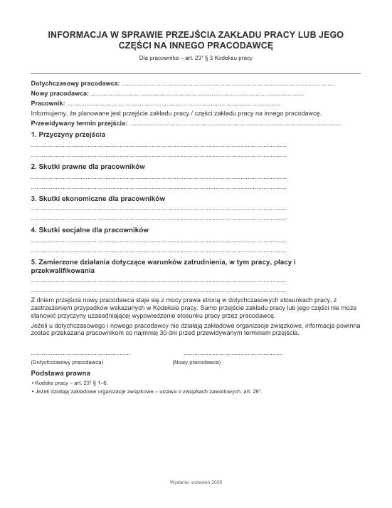 Pierwsza strona materiału: Informacja o przejściu zakładu pracy