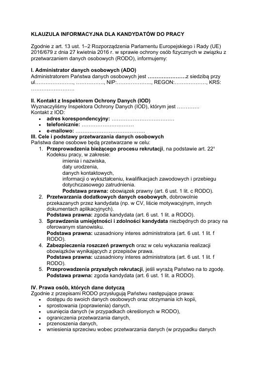 Pierwsza strona materiału: Klauzula informacyjna dla kandydatów do pracy