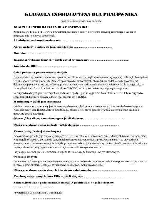 Pierwsza strona materiału: Klauzula informacyjna dla pracownika UNIWERSALNA