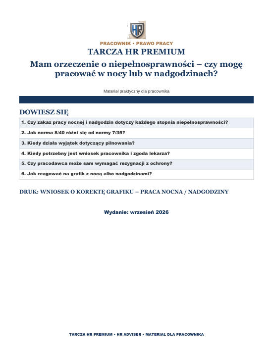 Pierwsza strona materiału: Mam orzeczenie o niepełnosprawności – czy mogę pracować w nocy lub w nadgodzinach?