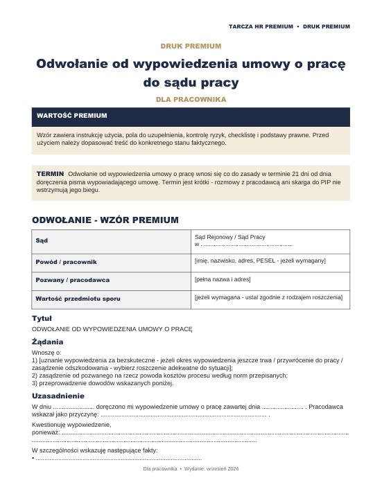 Pierwsza strona materiału: Odwołanie od wypowiedzenia do sądu pracy