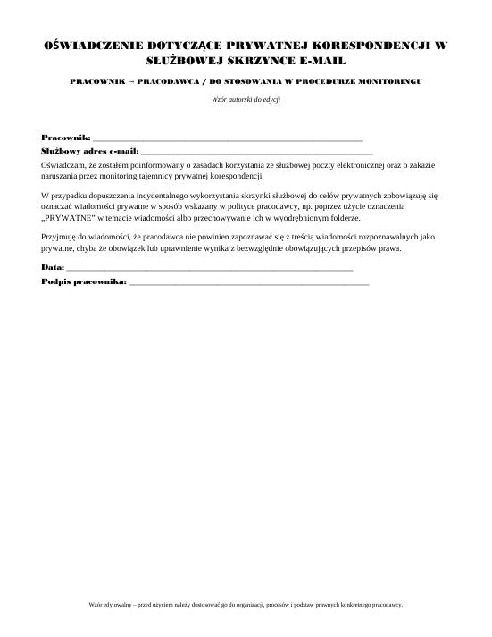 Pierwsza strona materiału: Oświadczenie dotyczące prywatnej korespondencji w służbowej skrzynce e-mail