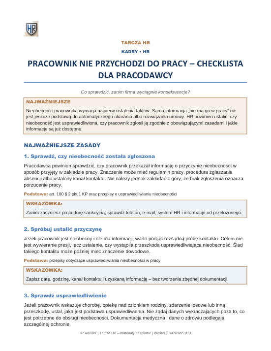 Pierwsza strona materiału: Pracownik nie przychodzi do pracy – checklista pracodawcy