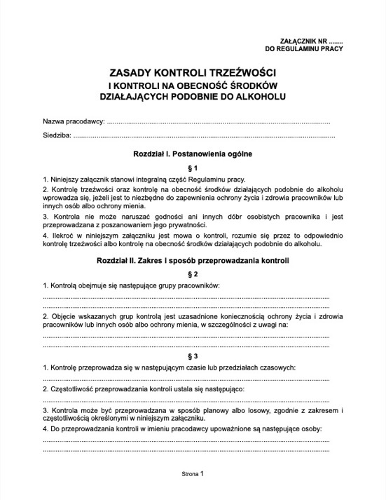Pierwsza strona materiału: Załącznik do Regulaminu pracy – Kontrola trzeźwości