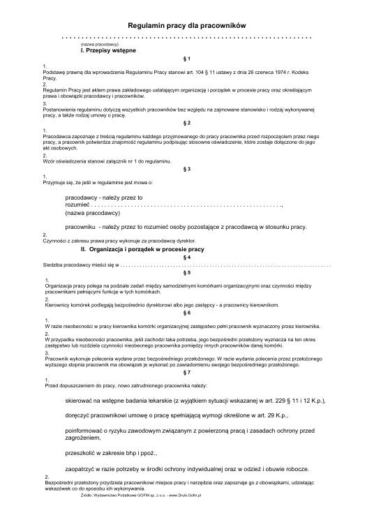 Pierwsza strona materiału: Regulamin pracy
