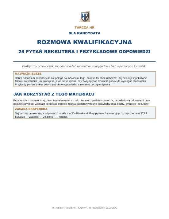 Pierwsza strona materiału: Rozmowa kwalifikacyjna – 25 pytań rekrutera i przykładowe odpowiedzi