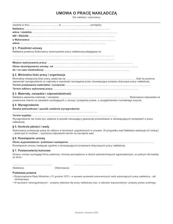 Pierwsza strona materiału: Umowa o pracę nakładczą