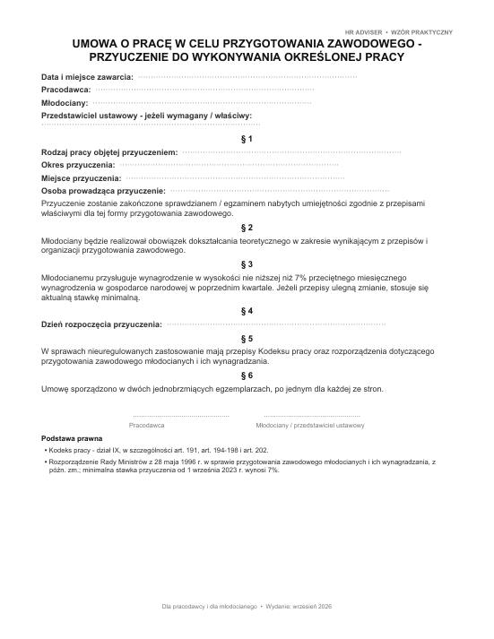 Pierwsza strona materiału: Umowa o pracę w celu przygotowania zawodowego – przyuczenie do wykonywania określonej pracy (młodociany)