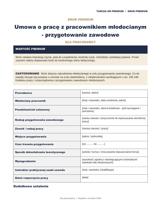 Pierwsza strona materiału: Umowa o pracę z pracownikiem młodocianym