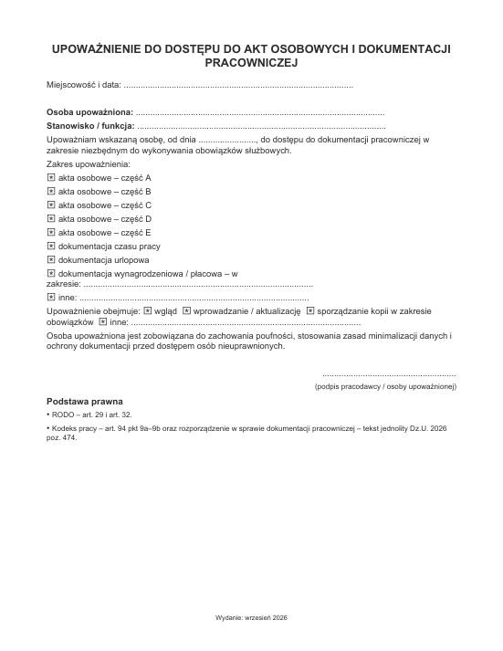Pierwsza strona materiału: Upoważnienie do dostępu do akt osobowych i dokumentacji kadrowej