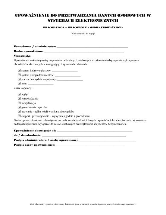 Pierwsza strona materiału: Upoważnienie do przetwarzania danych osobowych w systemach elektronicznych