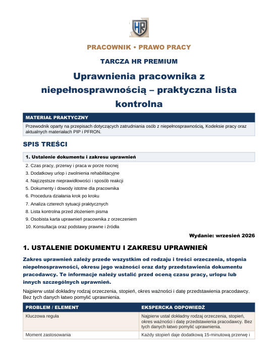 Pierwsza strona materiału: Uprawnienia pracownika z niepełnosprawnością – praktyczna lista kontrolna