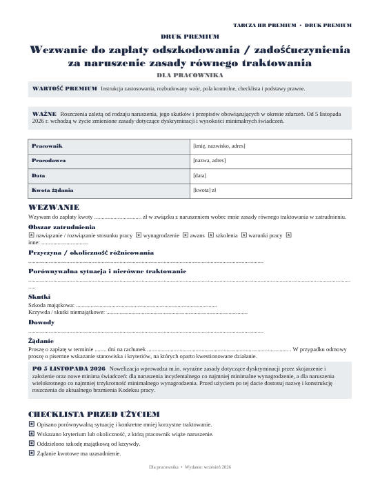 Pierwsza strona materiału: Wezwanie za naruszenie zasady równego traktowania