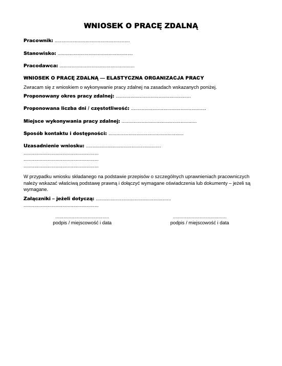 Pierwsza strona materiału: Wniosek o pracę zdalną / elastyczną organizację pracy