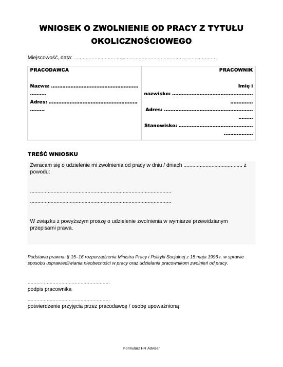Pierwsza strona materiału: Wniosek o zwolnienie od pracy z tytułu okolicznościowego