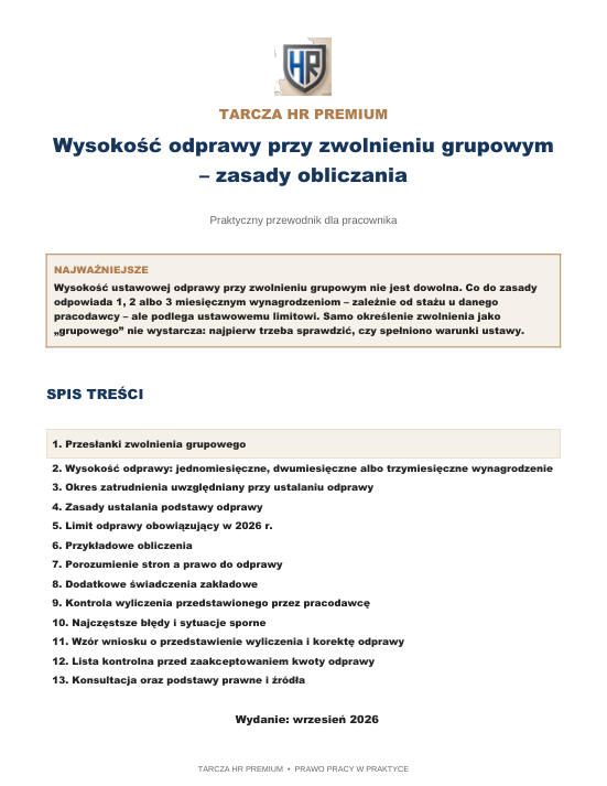Pierwsza strona materiału: Wysokość odprawy przy zwolnieniu grupowym – zasady obliczania