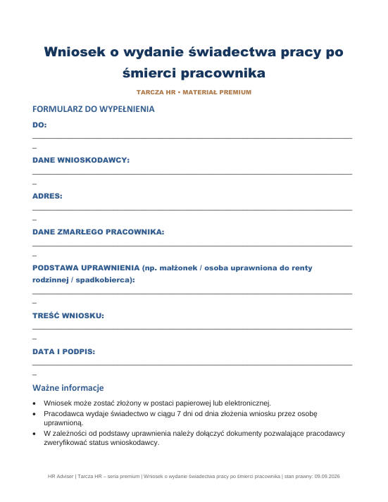 Pierwsza strona materiału: Załącznik – Wniosek o wydanie świadectwa po śmierci pracownika