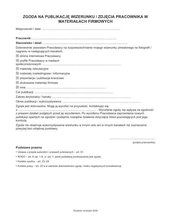 Pierwsza strona materiału: Zgoda na publikację zdjęcia pracownika w materiałach firmowych