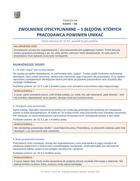 Pierwsza strona materiału: Zwolnienie dyscyplinarne – 5 błędów pracodawcy