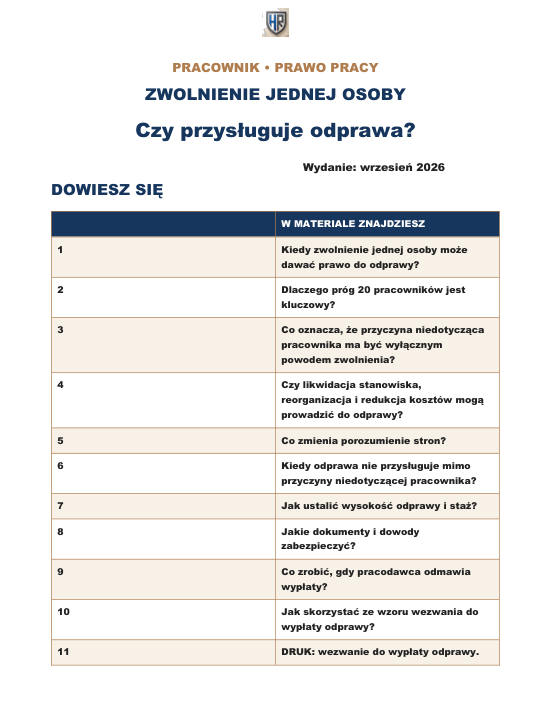 Pierwsza strona materiału: Zwolnienie jednej osoby — czy przysługuje odprawa?